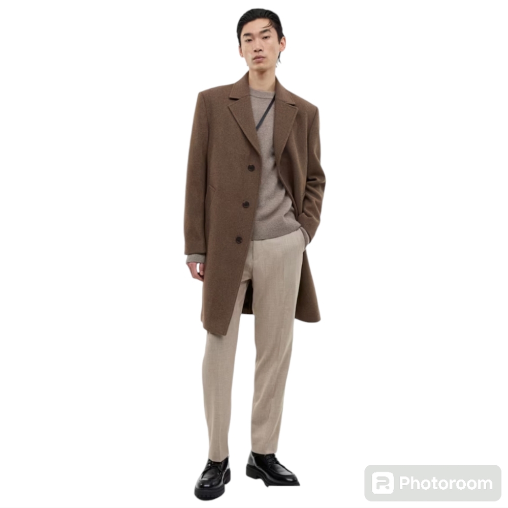 NWT H & M Men's knee-length wool blend coat Size XL Color Brown